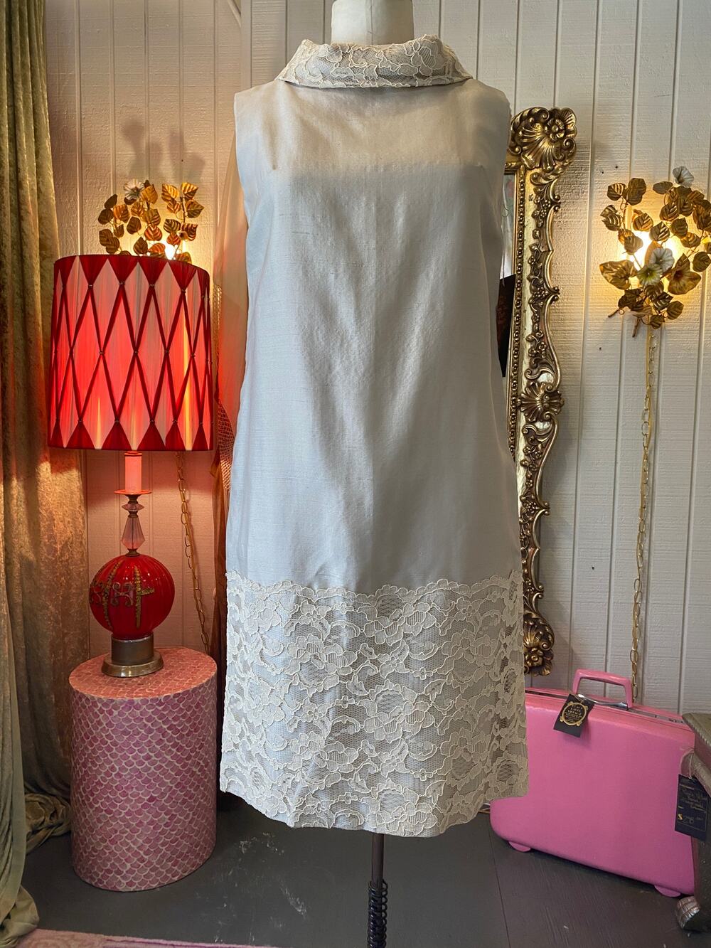 vintage 1960s cream silk shift, 60s dress with vest, 2 piece, mod wedding, s/m